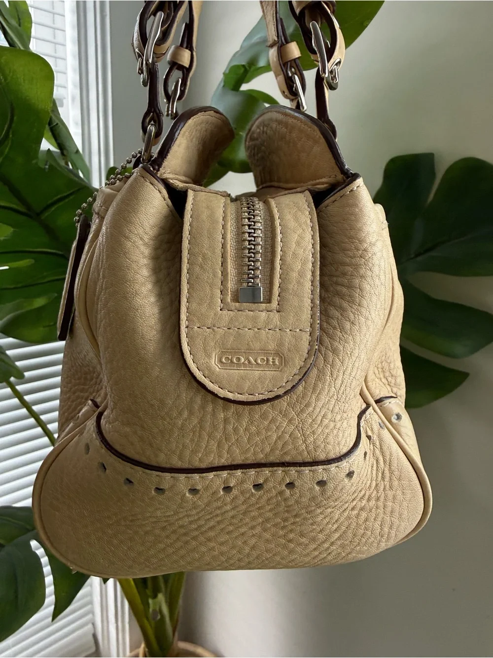 Coach Pebbled Leather Satchel in Beige with Dark Trim